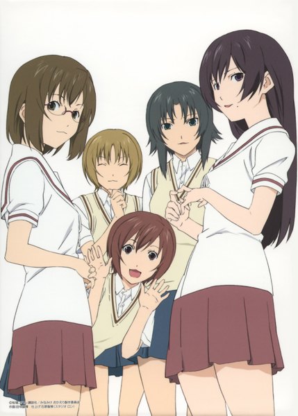 Anime picture 2167x3033 with minami-ke atsuko (minami-ke) hayami (minami-ke) keiko (minami-ke) maki (minami-ke) riko (minami-ke) long hair tall image highres short hair open mouth black hair blonde hair simple background smile brown hair white background multiple girls brown eyes eyes closed