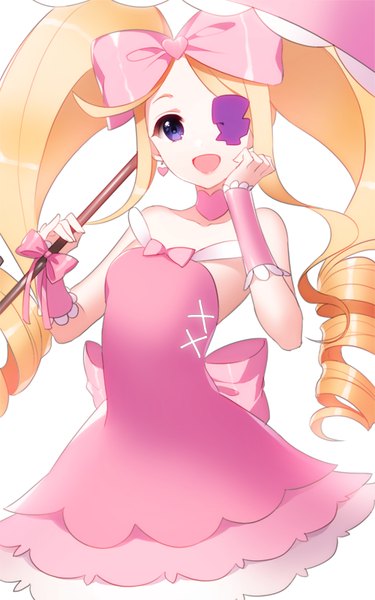 Anime picture 500x800 with kill la kill studio trigger harime nui aile (crossroads) single long hair tall image looking at viewer open mouth blonde hair simple background white background twintails purple eyes bare shoulders drill hair girl dress bow hair bow