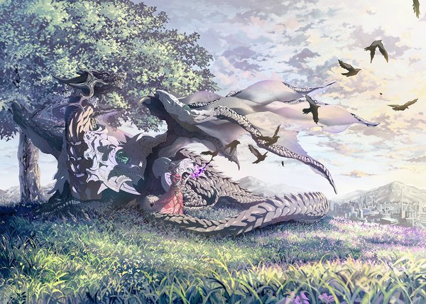 Anime picture 1700x1214 with original hello again (pixiv) highres sky cloud (clouds) city magic mountain landscape fantasy dress flower (flowers) plant (plants) hat animal tree (trees) armor bird (birds) umbrella grass