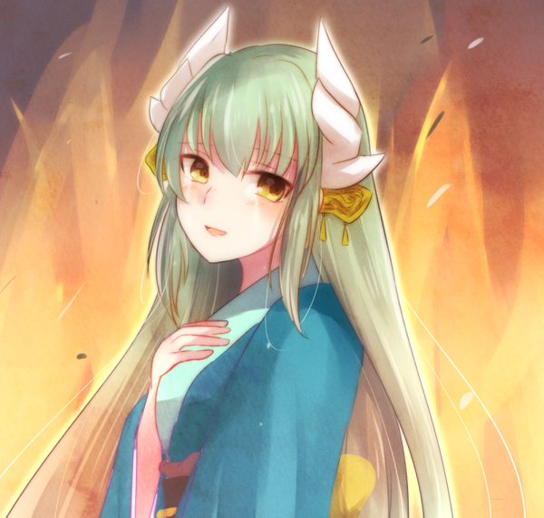 Anime picture 800x762 with fate (series) fate/grand order kiyohime (fate) tanaji single long hair blush fringe smile yellow eyes payot looking away traditional clothes japanese clothes looking back multicolored hair horn (horns) green hair tears hand on chest