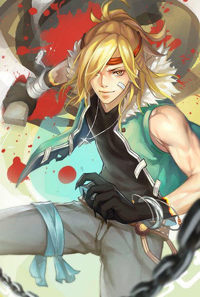Anime picture 600x888 with quan zhi gao shou the king's avatar steam bun (quan zhi gao shou) dywx poison single tall image fringe short hair blonde hair bare shoulders yellow eyes bent knee (knees) from above hair over one eye fur trim muscle bandaid on face boy gloves black gloves