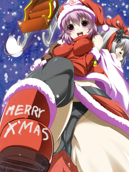 Anime picture 1200x1600 with touhou konpaku youmu saigyouji yuyuko mino106 tall image blush short hair open mouth light erotic multiple girls pink hair pink eyes grey hair fur trim christmas merry christmas girl thighhighs skirt underwear