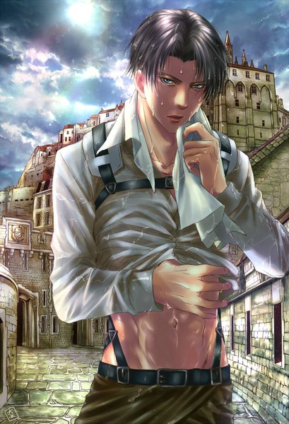 Anime picture 1200x1760 with shingeki no kyojin production i.g levi (rivaille) rin-shiba single tall image looking at viewer short hair blue eyes black hair standing holding sky cloud (clouds) lips sweat muscle shirt lift boy navel