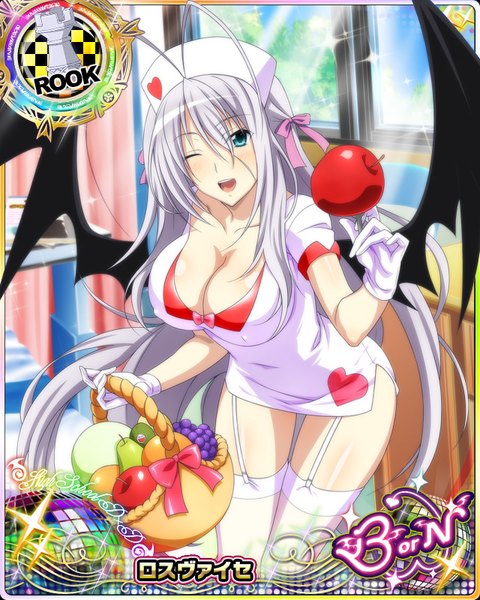 Anime picture 640x800 with highschool dxd rossweisse single tall image looking at viewer blush open mouth blue eyes light erotic cleavage white hair very long hair one eye closed wink card (medium) nurse girl thighhighs gloves uniform
