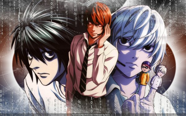 Anime picture 1280x800 with death note madhouse yagami light l (death note) near looking at viewer short hair blue eyes black hair brown hair wide image white hair black eyes inscription multiple boys grin boy shirt necktie toy