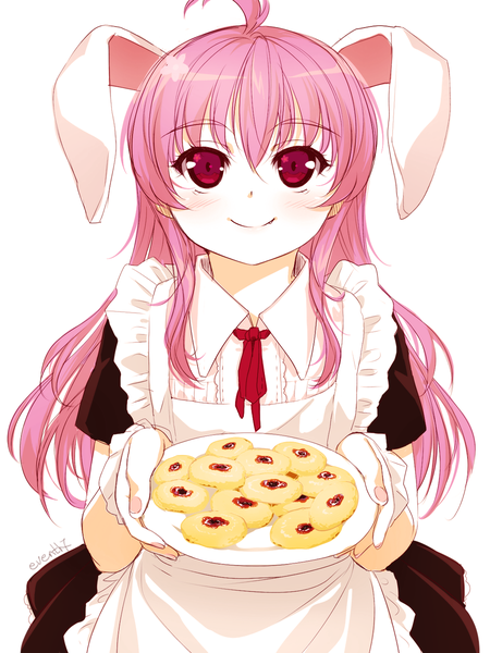 Anime picture 900x1200 with touhou reisen udongein inaba eventh7 single long hair tall image blush simple background smile red eyes white background animal ears pink hair ahoge maid bunny ears girl plate cookie (cookies)
