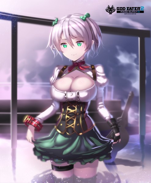 Anime picture 1413x1720 with god eater god eater 2 ufotable ciel alencon hk (hak) single tall image looking at viewer short hair breasts light erotic smile large breasts green eyes cleavage silver hair girl dress gloves bow