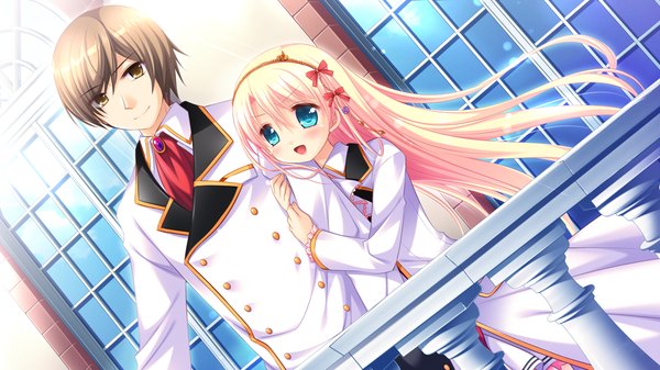 Anime picture 1280x720 with hyper highspeed genius hhg megami no shuuen fiana astraea long hair blush short hair open mouth blue eyes blonde hair smile brown hair wide image brown eyes game cg couple girl boy bow hair bow suit
