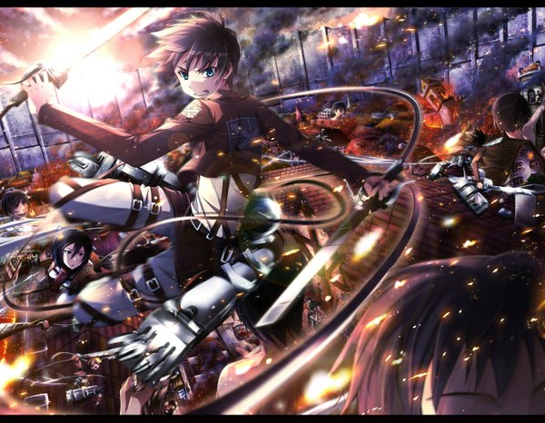 Anime picture 1400x1089 with sword art online shingeki no kyojin hataraku maou-sama! a-1 pictures white fox production i.g yuuki asuna mikasa ackerman kirigaya kazuto eren yaeger levi (rivaille) annie leonhart armin arlert sasha blouse jean kirstein maou sadao ashiya shirou urushihara hanzou short hair open mouth