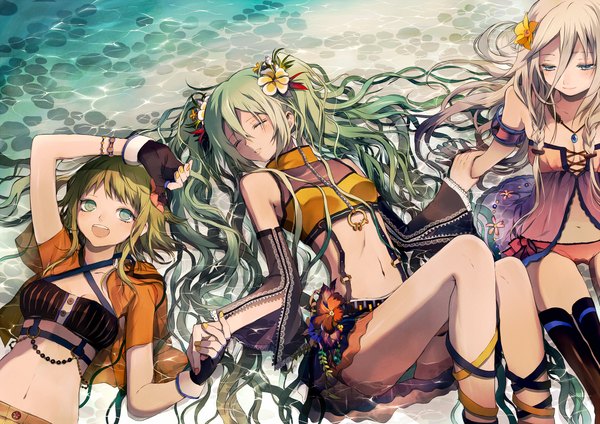 Anime picture 1275x901 with vocaloid hatsune miku gumi ia (vocaloid) tsukioka tsukiho long hair looking at viewer blush short hair open mouth light erotic smile sitting twintails bare shoulders multiple girls holding green eyes white hair eyes closed