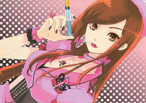 Anime picture 3481x2468 with kuuchuu buranko toei animation mayumi-chan itou noiji single long hair highres brown hair brown eyes absurdres cleavage nail polish scan mouth hold black nail polish nurse girl underwear choker bracelet