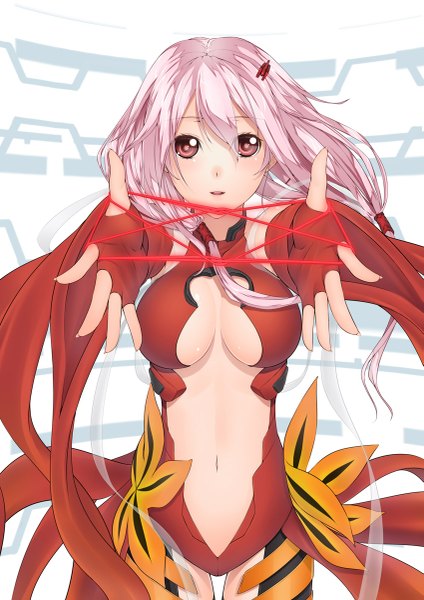 Anime picture 849x1200 with guilty crown production i.g yuzuriha inori kai (link2262) single long hair tall image looking at viewer breasts light erotic red eyes pink hair midriff center opening girl navel hair ornament hairclip fingerless gloves bodysuit
