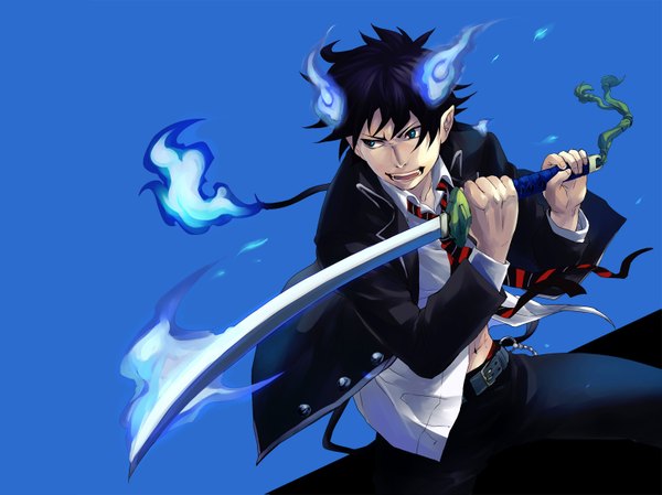 Anime picture 1559x1167 with ao no exorcist a-1 pictures okumura rin nanatsu maka (artist) short hair open mouth simple background pointy ears blue background boy uniform weapon school uniform necktie jacket belt chain pants fire