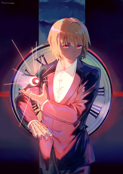 Anime picture 1280x1810 with hunter x hunter kurapica tamomoko single tall image looking at viewer short hair blonde hair red eyes standing signed upper body shaded face formal boy shirt white shirt clock moon (symbol)