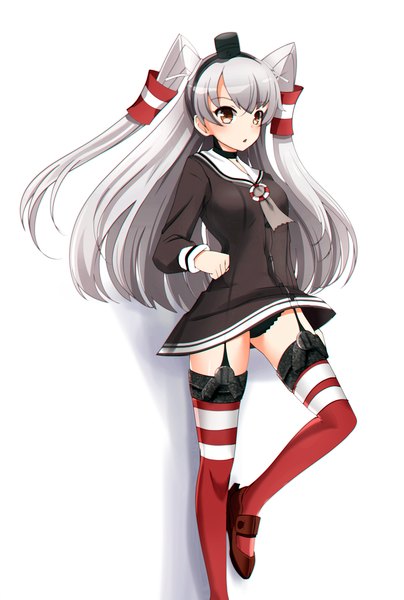 Anime picture 1480x2200 with kantai collection amatsukaze destroyer rinine single long hair tall image blush fringe light erotic simple background white background brown eyes grey hair two side up pantyshot girl thighhighs underwear panties hat