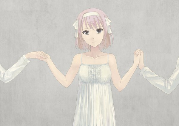 Anime picture 1280x905 with suzumiya haruhi no yuutsu kyoto animation suzumiya haruhi ukon (artist) short hair simple background brown hair grey background grey eyes sleeveless holding hands girl dress ribbon (ribbons) hair ribbon white dress hands