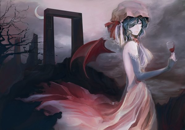 Anime picture 2480x1748 with touhou remilia scarlet rosicrucuans (pixiv) single highres short hair red eyes bare shoulders blue hair sky cloud (clouds) lips realistic bat wings crescent bandage over one eye adult girl dress gloves