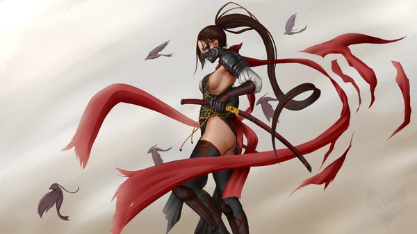 Anime picture 4416x2484 with forgotten-wings single highres breasts light erotic red eyes brown hair wide image absurdres ponytail very long hair profile no bra girl weapon earrings sword scarf armor katana