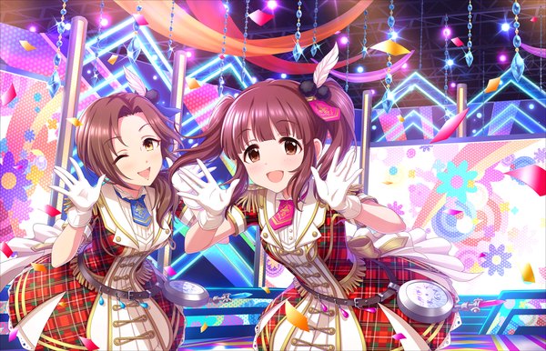Anime picture 1280x824 with idolmaster idolmaster cinderella girls idolmaster cinderella girls starlight stage ogata chieri kawashima mizuki long hair looking at viewer blush open mouth brown hair twintails multiple girls brown eyes one eye closed wink across the stars girl dress gloves 2 girls