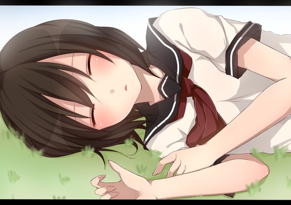 Anime picture 1300x915 with original yamasuta single blush short hair open mouth brown hair sky lying eyes closed sleeping girl uniform plant (plants) school uniform grass