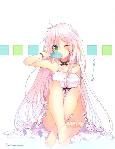 Anime picture 4705x6056 with original anceril sacred mishima kurone single long hair tall image looking at viewer blush fringe highres light erotic sitting bare shoulders green eyes pink hair absurdres ahoge white hair one eye closed barefoot