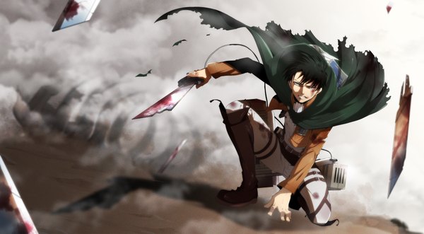 Anime picture 2000x1105 with shingeki no kyojin production i.g levi (rivaille) single highres short hair black hair wide image black eyes battle boy weapon sword jacket boots blood cape