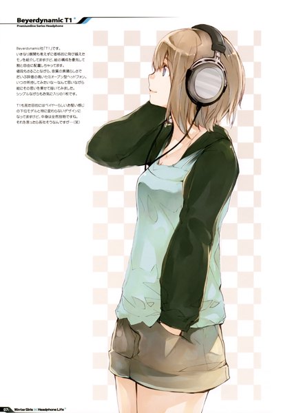Anime picture 2475x3500 with winter girls x headphone life fujishima (artist) single tall image highres short hair blue eyes simple background blonde hair light smile inscription hieroglyph hands in pockets girl headphones wire (wires)