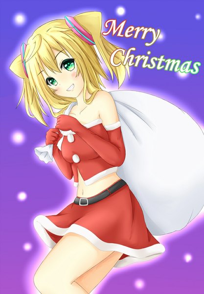 Anime picture 696x1000 with tear yu single tall image looking at viewer blush fringe short hair blonde hair smile twintails green eyes christmas merry christmas girl skirt navel belt