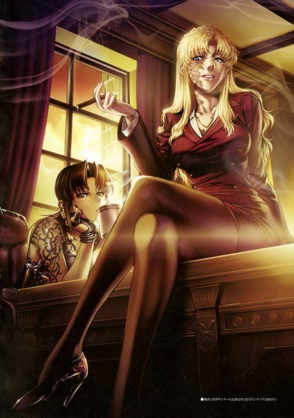 Anime picture 2496x3546 with black lagoon madhouse revy (black lagoon) balalaika (black lagoon) hiroe rei long hair tall image looking at viewer highres open mouth blonde hair smile brown hair sitting bare shoulders multiple girls brown eyes ponytail tattoo lipstick