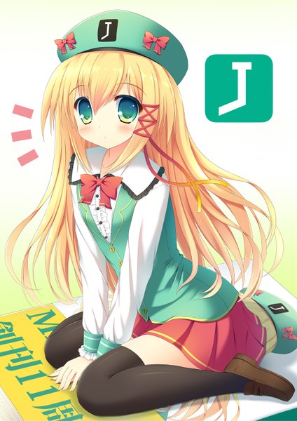 Anime picture 1000x1414 with original taiki ken single long hair tall image looking at viewer blush blonde hair green eyes zettai ryouiki girl thighhighs skirt bow ribbon (ribbons) black thighhighs hair ribbon hat