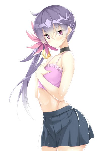 Anime picture 752x1062 with kantai collection akebono destroyer body mahattaya ginga single long hair tall image looking at viewer blush simple background white background purple eyes bare shoulders purple hair pleated skirt hair flower side ponytail hair bell girl skirt hair ornament
