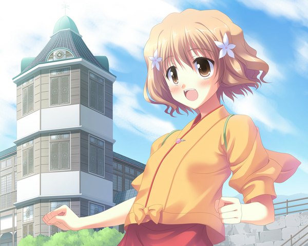 Anime picture 1024x819 with hanasaku iroha p.a. works matsumae ohana single blush short hair open mouth blonde hair brown eyes sky cloud (clouds) traditional clothes girl hair ornament window