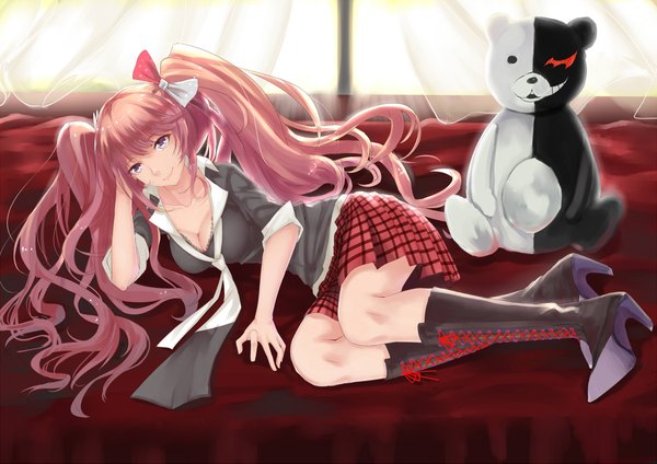 Anime picture 2100x1485 with dangan ronpa enoshima junko monokuma wenhe long hair looking at viewer highres smile twintails pink hair cleavage full body lying silver eyes girl skirt bow hair bow shirt necktie