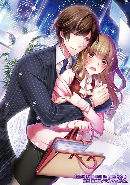 Anime picture 600x857 with original rinko (mg54) long hair tall image blush short hair open mouth brown hair brown eyes light smile couple hug hug from behind girl boy plant (plants) necktie building (buildings) bag suit