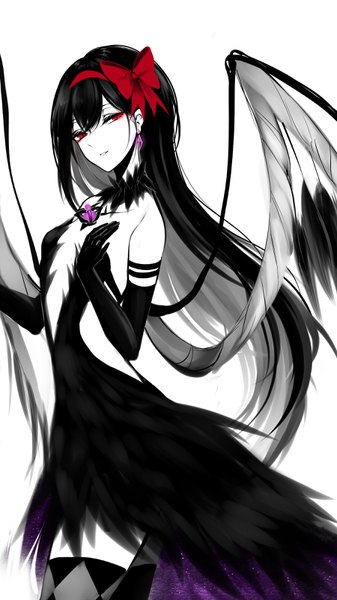 Anime picture 1800x3200 with mahou shoujo madoka magica shaft (studio) akemi homura akuma homura sheya single long hair tall image looking at viewer fringe highres light erotic black hair simple background hair between eyes red eyes white background zettai ryouiki hand on chest white skin