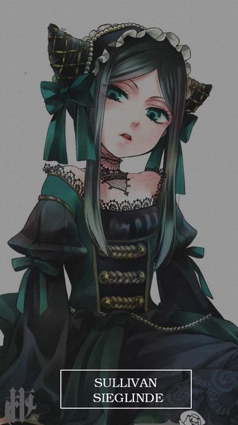 Anime picture 540x960 with kuroshitsuji a-1 pictures sieglinde sullivan single long hair tall image looking at viewer bare shoulders green eyes head tilt green hair lips character names girl dress bow ribbon (ribbons) hair bow hairband necklace