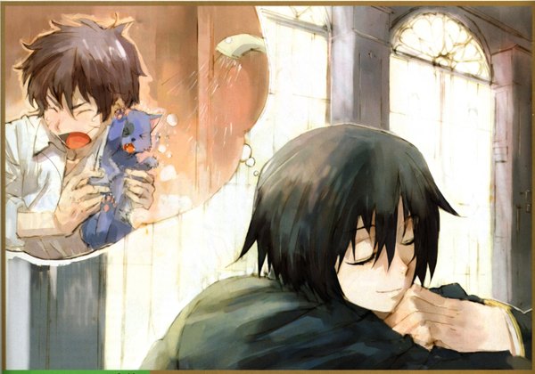 Anime picture 2983x2092 with code geass sunrise (studio) lelouch lamperouge kururugi suzaku arthur (code geass) humi (artist) highres short hair black hair brown hair eyes closed scan multiple boys sleeping boy uniform school uniform shirt window 2 boys