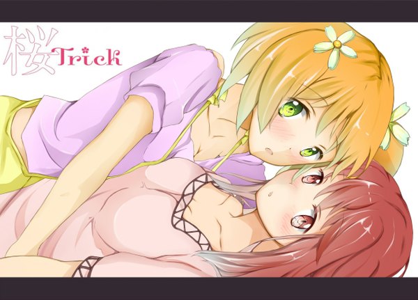 Anime picture 1224x881 with sakura trick studio deen takayama haruka sonoda yuu matsurika (j297021302) long hair blush short hair open mouth blonde hair multiple girls green eyes red hair pink eyes shoujo ai girl dress hair ornament 2 girls