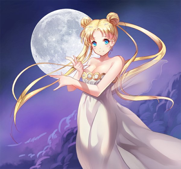 Anime picture 800x748 with bishoujo senshi sailor moon toei animation tsukino usagi princess serenity yeoheun single long hair looking at viewer blush fringe blue eyes blonde hair smile standing twintails bare shoulders cloud (clouds) night hair bun (hair buns) night sky