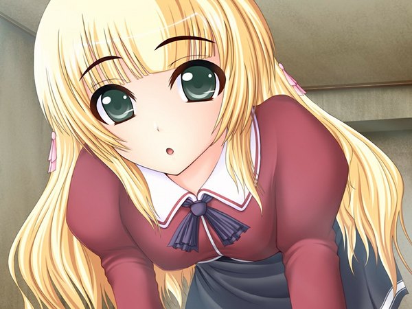 Anime picture 1024x768 with jail break ogura mio shima-shuu long hair blonde hair green eyes game cg girl serafuku