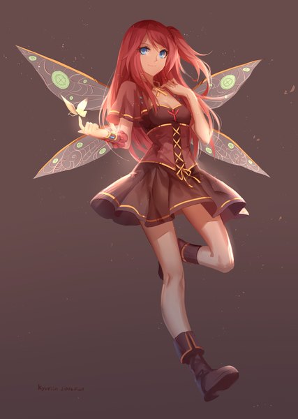 Anime picture 1280x1800 with original kyurin (sunnydelight) single long hair tall image blue eyes simple background smile pink hair ponytail side ponytail brown background insect wings butterfly wings girl dress wings black dress insect butterfly