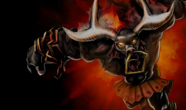 Anime picture 1215x717 with league of legends alistar (league of legends) single wide image yellow eyes horn (horns) chain monster bull