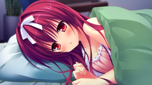 Anime picture 2560x1440 with love la bride sakuranomori misaki takano yuki (allegro mistic) long hair blush highres red eyes wide image game cg red hair lying :o girl hairband