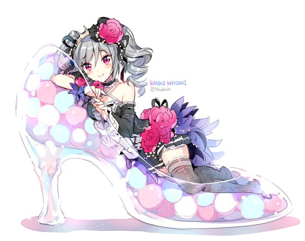 Anime picture 900x713 with idolmaster idolmaster cinderella girls kanzaki ranko nardack single long hair looking at viewer blush fringe simple background smile white background twintails bare shoulders bent knee (knees) pink eyes grey hair high heels no shoes crossed legs