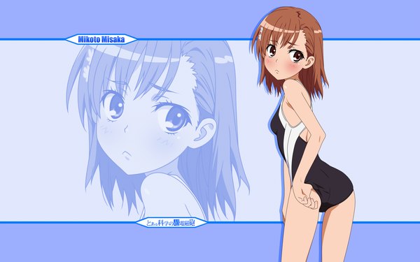Anime picture 1920x1200 with to aru kagaku no railgun j.c. staff misaka mikoto single highres brown hair wide image brown eyes zoom layer girl swimsuit