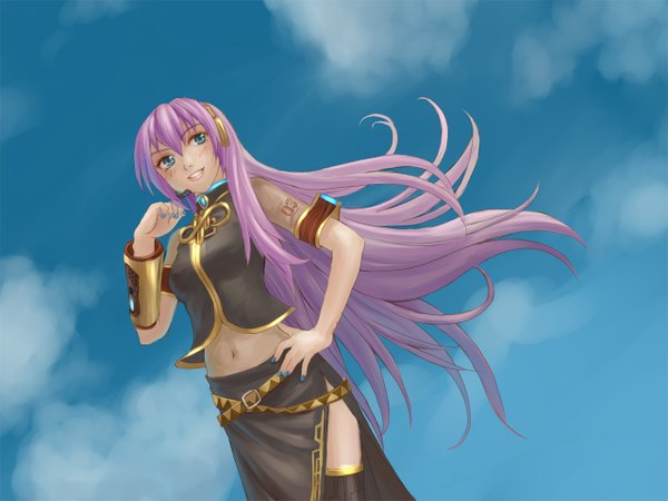 Anime picture 1280x960 with vocaloid megurine luka urushizawa takayuki single long hair fringe blue eyes smile hair between eyes standing looking away pink hair sky cloud (clouds) nail polish wind midriff hand on hip grin side slit