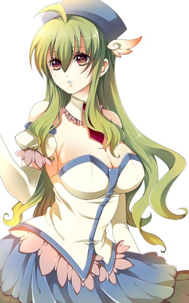 Anime picture 2500x4000 with enrai single long hair tall image blush fringe highres breasts light erotic simple background hair between eyes white background purple eyes bare shoulders green hair head wings girl gloves detached sleeves wings