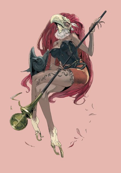 Anime picture 2894x4134 with sin and punishment: successor of the earth ariana shami long hair tall image highres breasts light erotic simple background sitting bare shoulders yellow eyes pink hair red hair barefoot official art tattoo crossed legs dark skin demon skirt