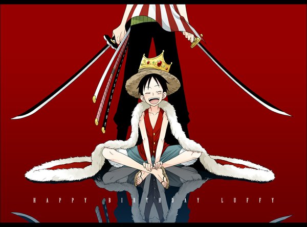 Anime picture 1000x743 with one piece toei animation monkey d. luffy roronoa zoro kotobukiza fringe short hair open mouth black hair standing sitting holding eyes closed multiple boys happy reflection scar red background triple wielding boy