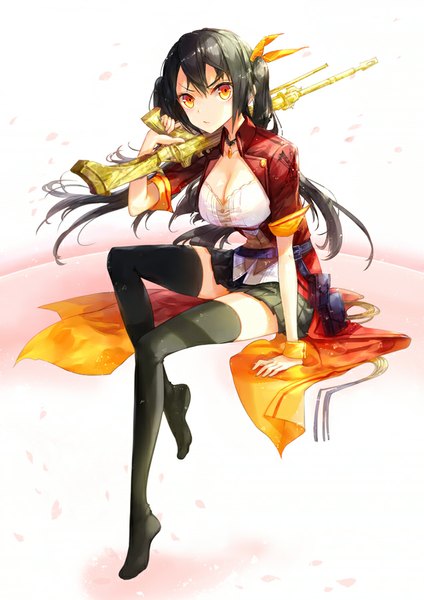 Anime picture 636x900 with original fuumi (radial engine) single long hair tall image looking at viewer breasts black hair red eyes large breasts sitting twintails yellow eyes bent knee (knees) pleated skirt no shoes girl thighhighs skirt weapon